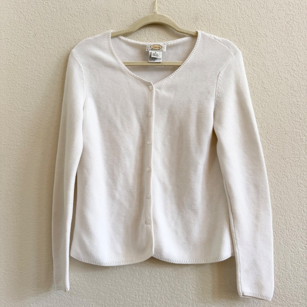 Talbots White Cotton Rayon Ribbed Button Front Cardigan Sweater Womens Small